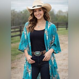 Lucky&Blessed Turquoise Kimono Western Mesh Cardigan Skull Print